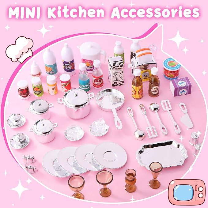 56 pcs Girls Dolls Mini Kitchen Pretend Toys, Dolls with Realistic Lights and Sounds, Best Christmas Gifts for Kids