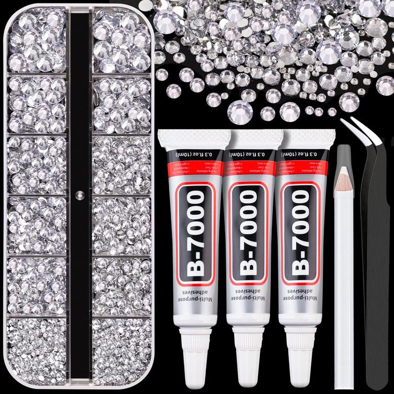 Resin Rhinestones for Crafting with B7000 Jewelry Glue, 1 Box Clear Flatback Crystals with 3Pcs 10ml Glue for Bedazzling Crafts DIY Nail Art Makeup，Non Hotfix Gems for Clothing Shoes