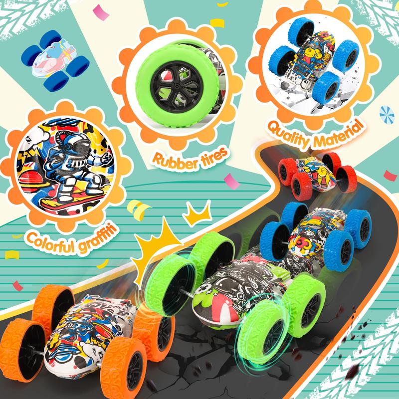 Toy Cars, 4 Pcs Monster Truck Toys Vehicles Push and Go Flip Stunt Car, Race Cars Party Favors for Goodie Bag Prizes Box Christmas Birthday Gifts