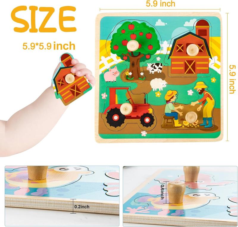 Wooden Toddler Puzzles,  Peg Puzzles Gifts Toys, 4 count Eco Friendly Animal Patterns Jigsaw with Handles, Infant Kid Fine Motor Skill Learning Educational Montessori Puzzles for 1 2 3 Years Old