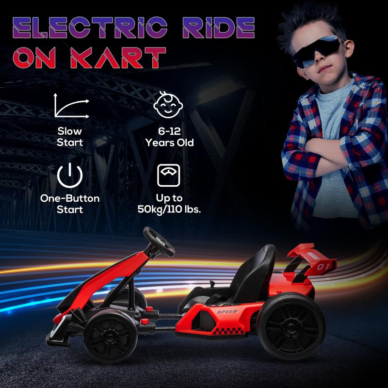 Aosom 24V 7.5 MPH Electric Go Kart with Adjustable Seat, Drifting Car Battery Powered Ride on Toy Outdoor with Slow Start, Button Start, Music, Honking Horn, Lights, for 6-12 Years Old