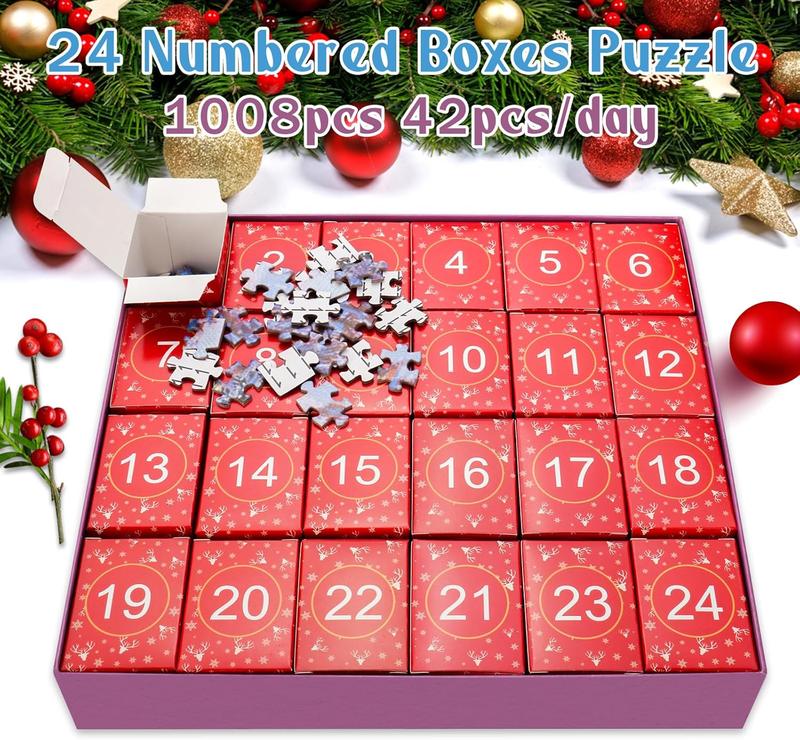 Advent Calendar 2024 Foil Puzzle 1008 Pieces Holiday Jigsaw Puzzles  24 Days Christmas Countdown Calendar with Puzzle Mat, Glue for Adults, Family Game Xmas Gifts Home Decor