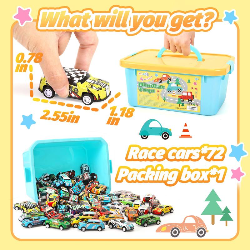 Toy Cars Party Favors for Kids, 72Pcs Pull Back Cars Playsets with Storage Box, Mini Toys Race Cars for Kids Goodie Bags Toys Bulk Prizes Rewards