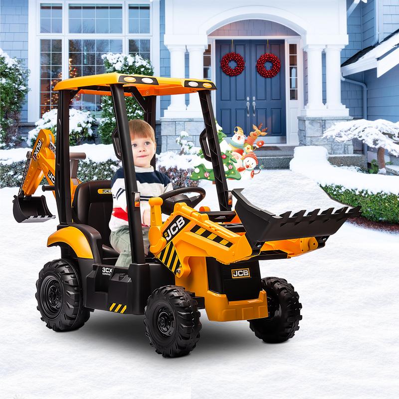 Segmart 12V Kids Ride on Backhoe Digger Toy Cars, JCB Battery Powered Electric Tractor with Remote Control, Ride on Construction Truck w Adjustable Front and Back Loader for 3-6 Boys Girls