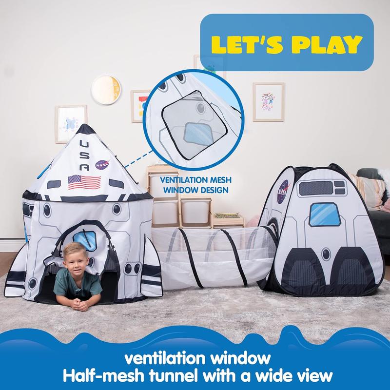 Christmas 2024 Gifts White Rocket Ship Pop up Play Tent with Tunnel and Playhouse Indoor Outdoor Spaceship Tent Set