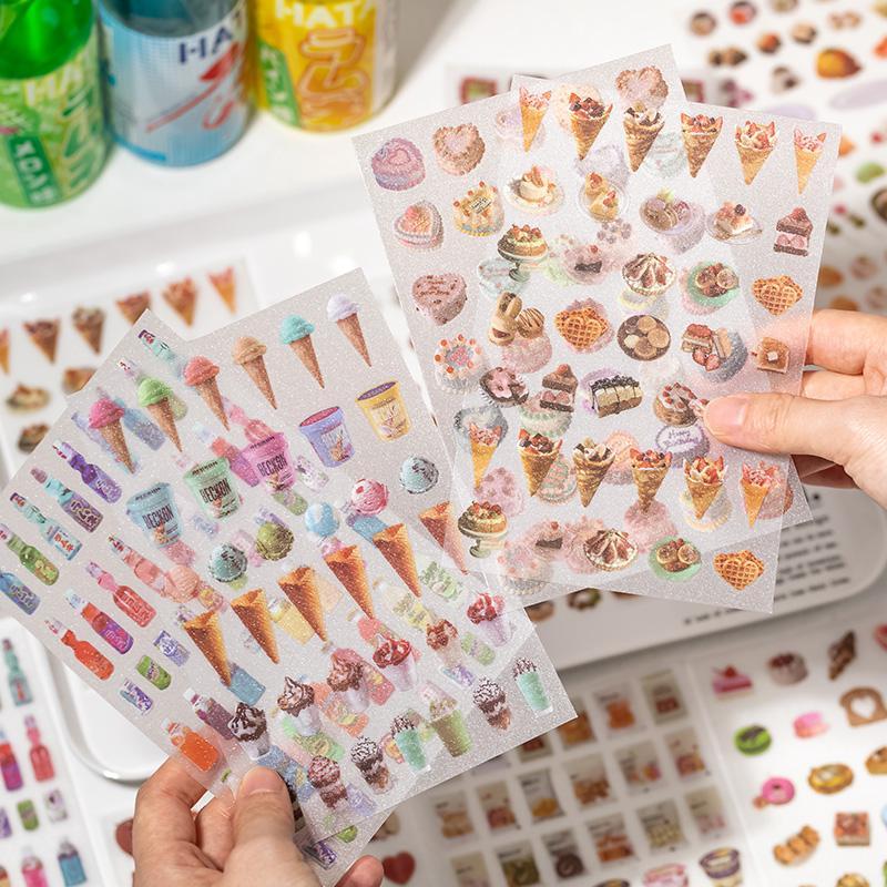 Food & Drink Themed Sticker, 6 Counts set Glitter PET Sticker, DIY Decorative Sticker for Scrapbook & Journal & Diary