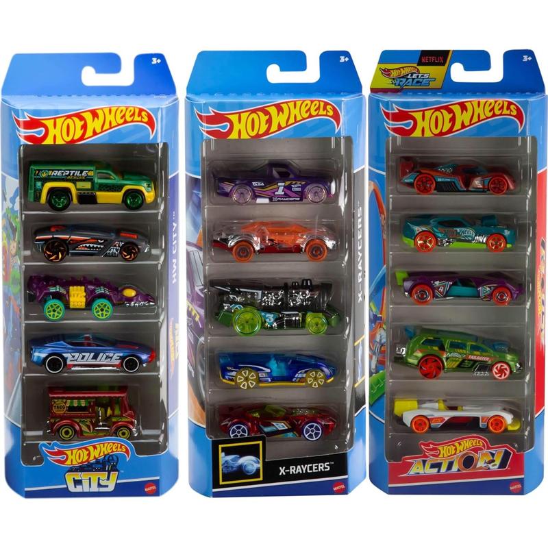 Hot Wheels Toy Cars, Bundle of 15 1:64 Scale Vehicles, Includes 3 5-Packs with Different Themes: HW City, X-Raycers & Track Pack [ Exclusive]