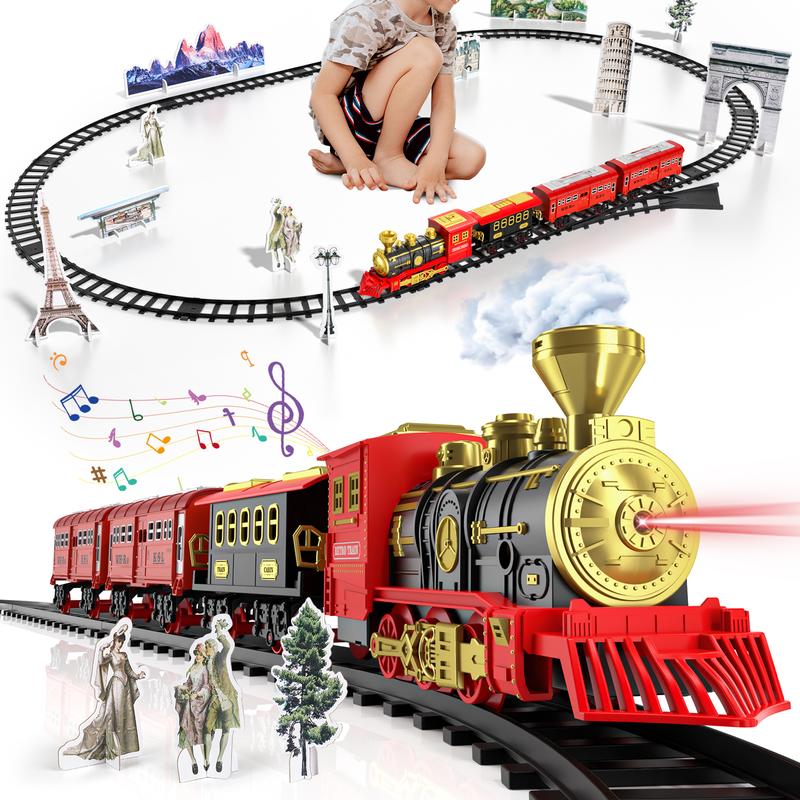 Christmas Train Set - Train Toys for Boys w  Smokes, Lights & Sound, Toy Train w Steam Locomotive, Cargo Car and Long Track, Train Carriages & Tracks, Kids Model Trains, Birthday Gifts Festival Home Decoration Christmas