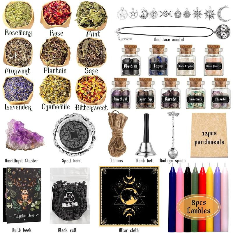 Witchcraft Supplies Kit for Spells, 56 PCS Witch Box Include Dried  Crystal Candles Amethyst Cluster Parchment, Wiccan Supplies and Tools, Beginner Witchcraft Kit Witch Stuff for Pagan Rituals