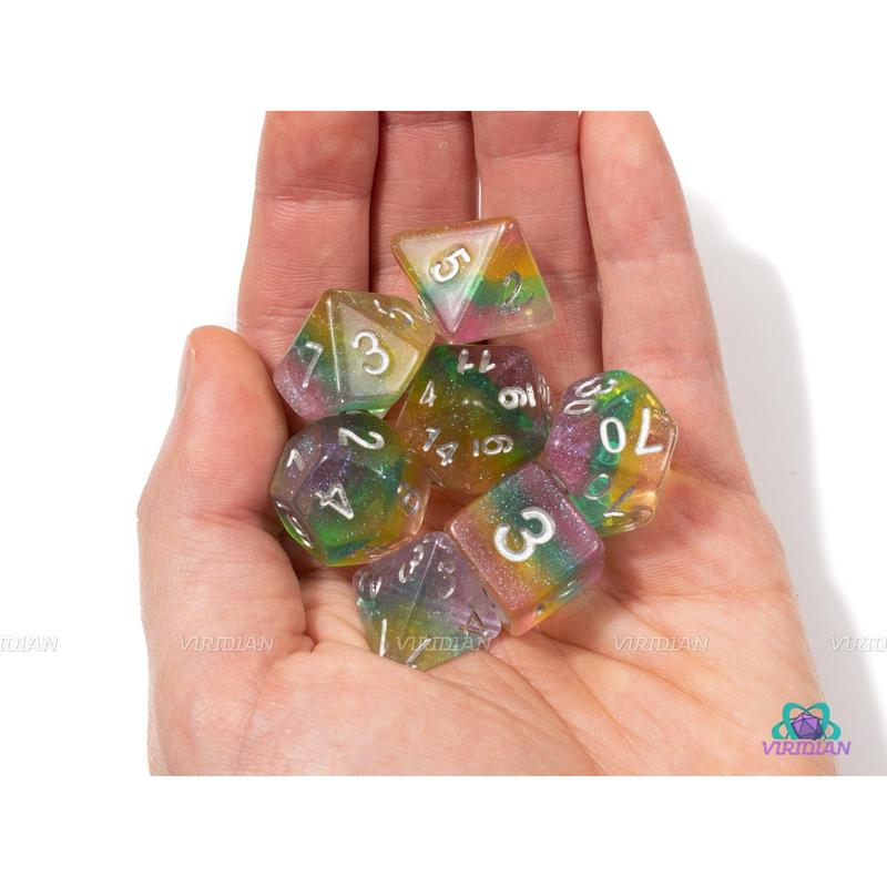 Sour Rainbow | Rainbow Glitter Layered Acrylic Dice Set (7) | Dungeons and Dragons (DnD)