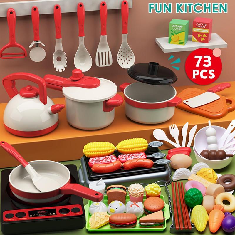 Pretend Play Kitchen Toy Set, 73pcs set Including Pot, Utensils, Food, Cooking Toy Set, Kitchen Playset, Gift for Boys & Girls