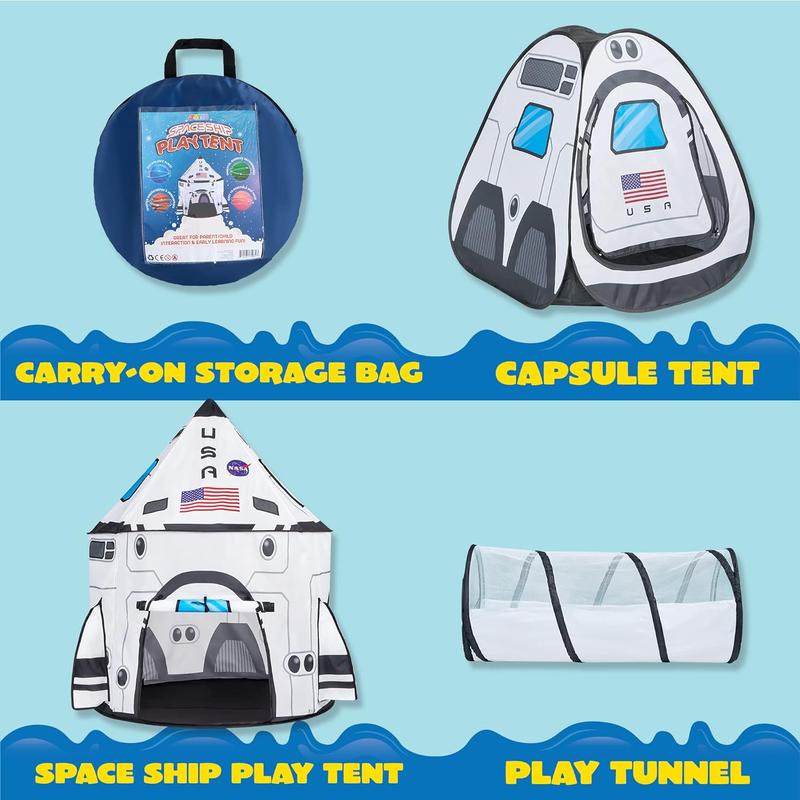 Christmas 2024 Gifts White Rocket Ship Pop up Play Tent with Tunnel and Playhouse Indoor Outdoor Spaceship Tent Set