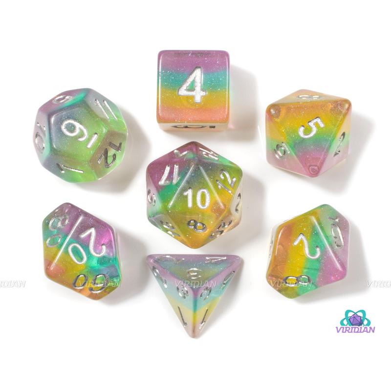 Sour Rainbow | Rainbow Glitter Layered Acrylic Dice Set (7) | Dungeons and Dragons (DnD)