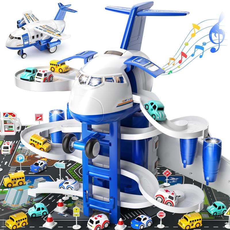 Christmas GiftAirplane Toys Race Track Car Toys  - Transport Plane Adventure Car Toys for with 8 City Cars, Garage Parking Lot Playmat, Birthday Gift