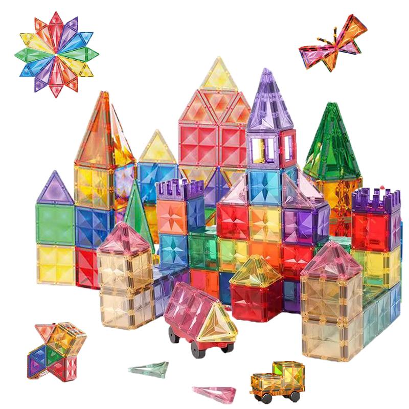 AFUNX Magnetic Tiles, 102PCS Magnet Building Blocks with 2 Cars, 3D Diamond Magnetic Blocks, Construction Stem Toys for Kids, Educational Toys for Boys Girls Ages 3 4 5 6 7 8 (102 PCS) building  kits magnetic blocks construction toy