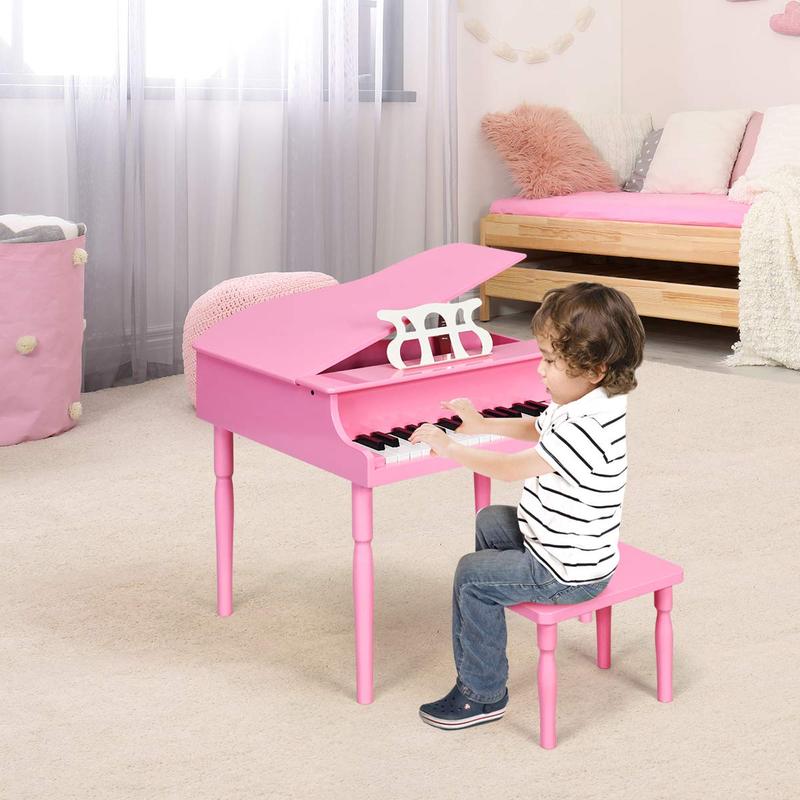 Costzon Classical Kids Piano, 30 Keys Wood Toy Grand Piano with Music Stand and Bench, Mini Musical Toy for Child, Ideal for Children's Room, Toy Room