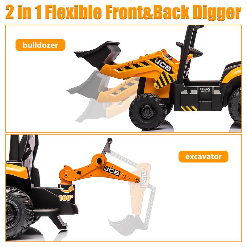 Segmart 12V Kids Ride on Backhoe Digger Toy Cars, JCB Battery Powered Electric Tractor with Remote Control, Ride on Construction Truck w Adjustable Front and Back Loader for 3-6 Boys Girls