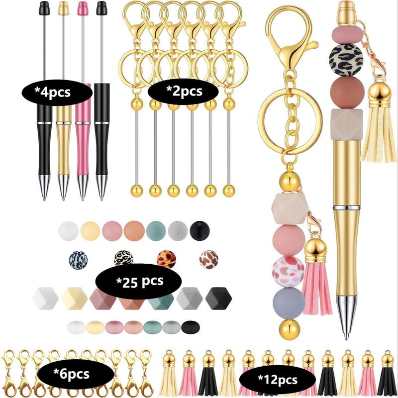 DIY Christmas Jewelry Making Kit, 49pcs set Keychain Beading Kit, Including 2 Golden Keychains, 4 Bead Pens, 25pcs Silicone Beads, 12pcs Tassels & 6 Lobster Clasps, DIY Jewelry Crafting Kit, Thanksgiving Christmas Gift Set