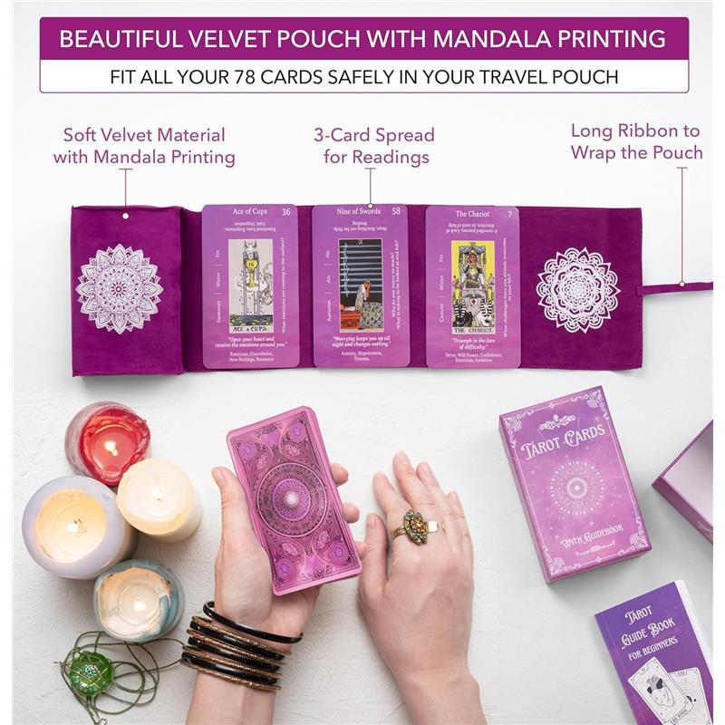 Tarot Cards with Guidebook | with Meanings on Them | Tarot Wrap Pouch with Placements | Purple & Pink Designs | Perfect for Beginners & Experienced Practitioners