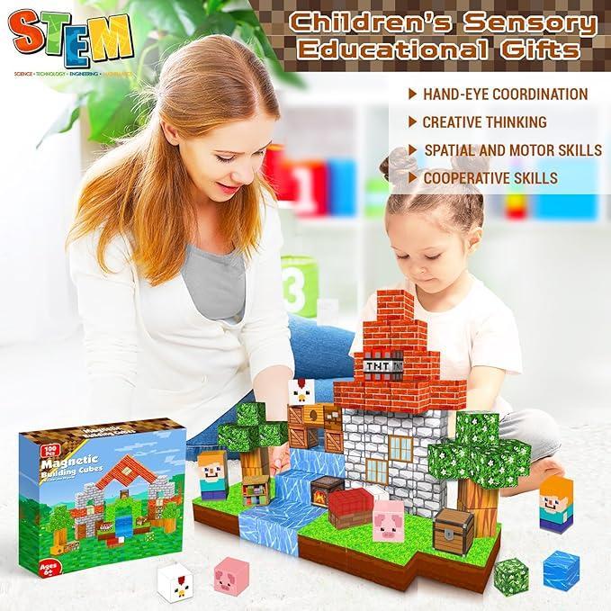 Magnetic Blocks-100PCS Magnetic Building Blocks Magnetic Tiles Stacking, Build-Magnet-World Set, STEM Montessori Sensory Toys magnet blocks