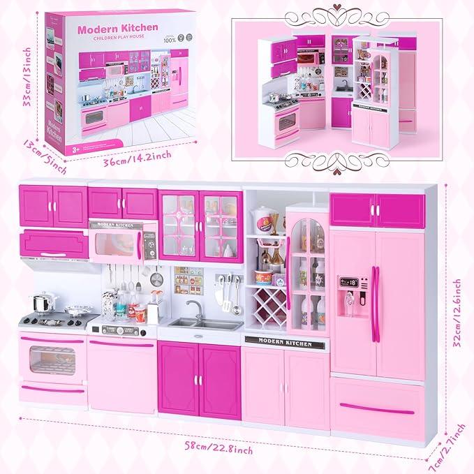 56 pcs Girls Dolls Mini Kitchen Pretend Toys, Dolls with Realistic Lights and Sounds, Best Christmas Gifts for Kids