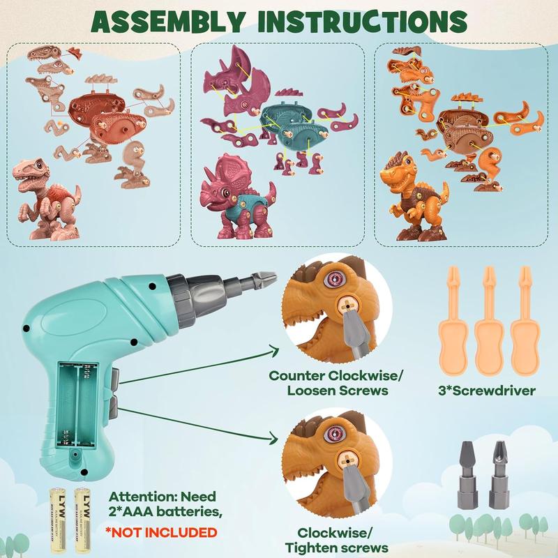 Christmas 2024 Gifts for Kids 3 Dinosaur Animal Toys Gift for Kids Take Apart STEM Kid,Construction Building Kid Toys with Electric Drill, Party Christmas Birthday Gifts for Boys Girls Jumbo Realistic Dinosaur Toy Set