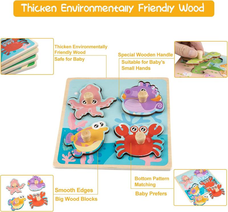 Wooden Toddler Puzzles,  Peg Puzzles Gifts Toys, 4 count Eco Friendly Animal Patterns Jigsaw with Handles, Infant Kid Fine Motor Skill Learning Educational Montessori Puzzles for 1 2 3 Years Old