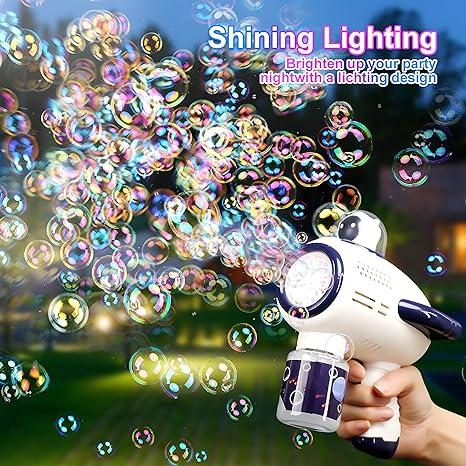 [Upgraded Version] 10 Holes Bubble Machine,Bubble Wand, Upgraded Rechargeable Bubble Machine with 10 Holes and Colored Lights, Electric Rocket Bubble Creator Summer Outdoor Party Event (Include Battery, Bubble Solution, Bubble Tray)