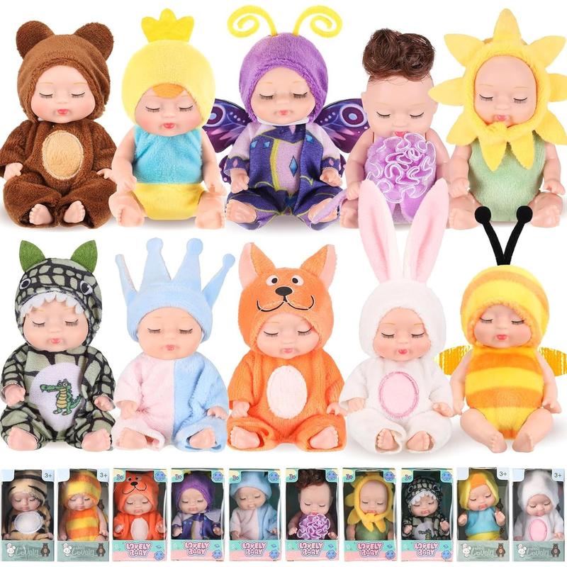 [IN STOCK] 10 Pcs 4 Inch Mini Baby Dolls Lifelike Realistic Baby Dolls Tiny Babies with Animal Clothes Cute Baby Doll Gifts Set for Toddlers Girls Kids 3+ Graduation Baby Shower Birthday(Lovely Style)