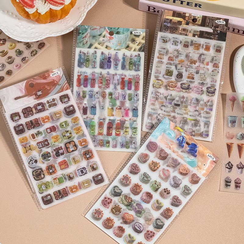 Food & Drink Themed Sticker, 6 Counts set Glitter PET Sticker, DIY Decorative Sticker for Scrapbook & Journal & Diary