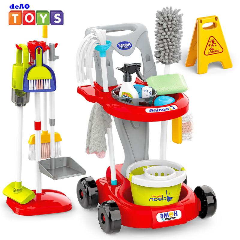 deAO Cleaning Toy Pretend Toy, household toys playset, cleaning cart toy with brooms accessories