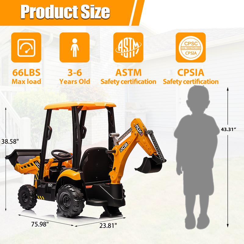 Segmart 12V Kids Ride on Backhoe Digger Toy Cars, JCB Battery Powered Electric Tractor with Remote Control, Ride on Construction Truck w Adjustable Front and Back Loader for 3-6 Boys Girls