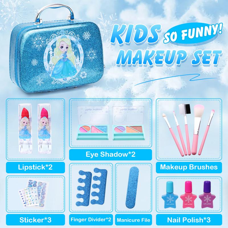 Frozen Makeup Kit Pretend Play for Girls,16counts Play Real Washable Makeup Kit Cosmetics Toys Gift Dressup Set Learning Educational Toy Birthday Thanksgiving Christmas Gifts