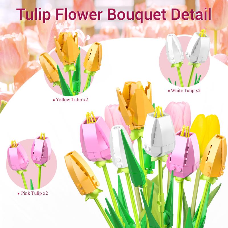 Educiro Tulip Flowers Bouquet Building Set Artificial Flowers Bonsai for Adults With Vase flowers for mother floral buildingset flower  blocks