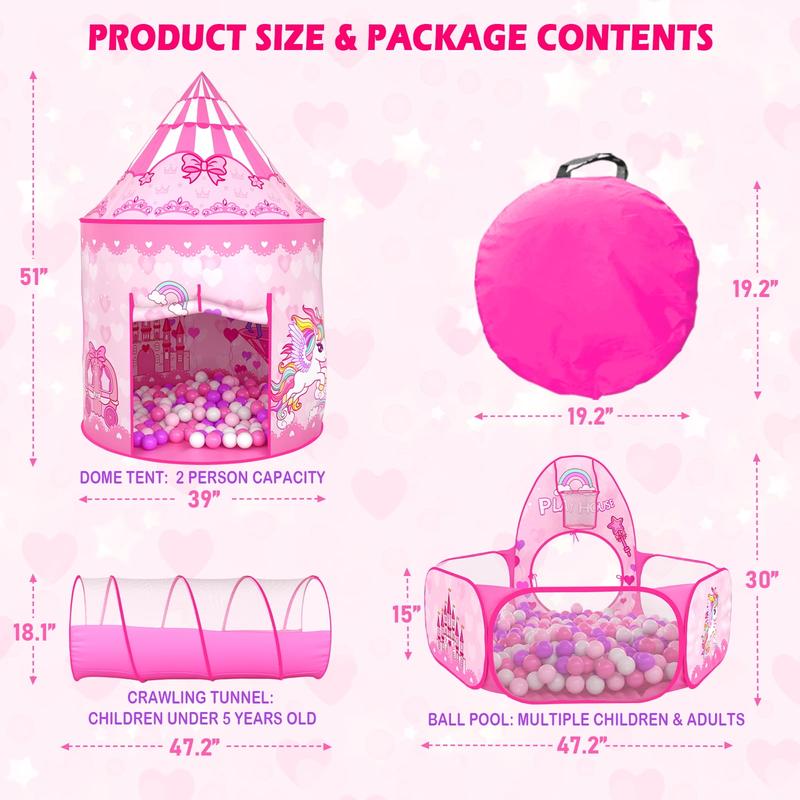 Sumbababy Princess Castle Kids Play Tent crawl tunnel for Girls Toys Pink Ball Pit Tent  with Pop-up Tunnel Indoor Outdoor Playhouse（without balls）