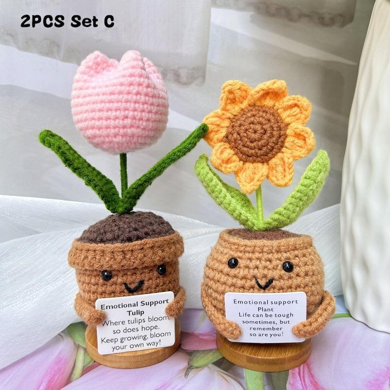 3PCS Emotional Support Gifts-Handmade Crochet Sunflower Daisy Tulip Potted Plants-Mother's Day Gift-Crochet Flower Decor-Encouragement Gifts