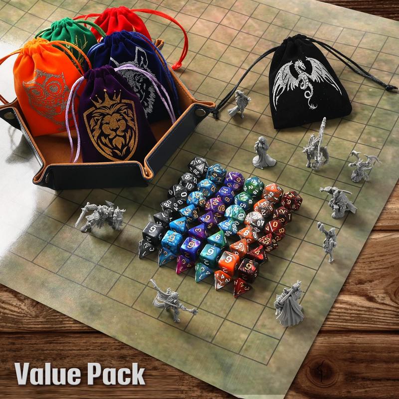 DND Dice Set, 42 Pack polyhedral dice Set with 6 Colorful Animal Pattern Bag and PU Leather Velvet Tray for Dungeons Dragons D&D RPG  Table Games