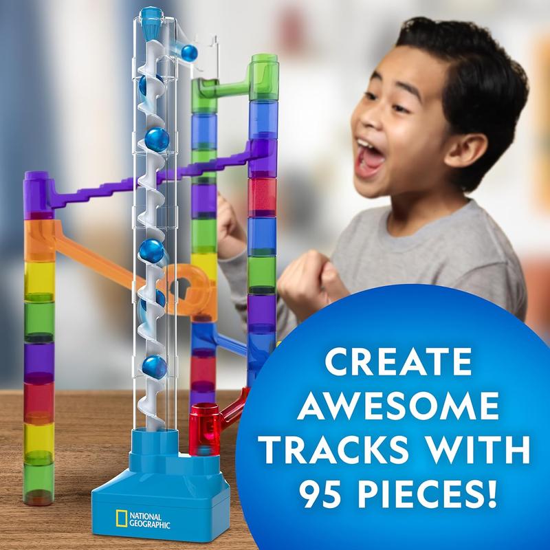 National Geographic Marble Run with Motorized Elevator - 95-Piece Marble Maze Kit with Motorized Spiral Lift, 20 Marbles, Storage Bag & More, Perpetual Motion Machine, Marble Game, Kids Physics Toys