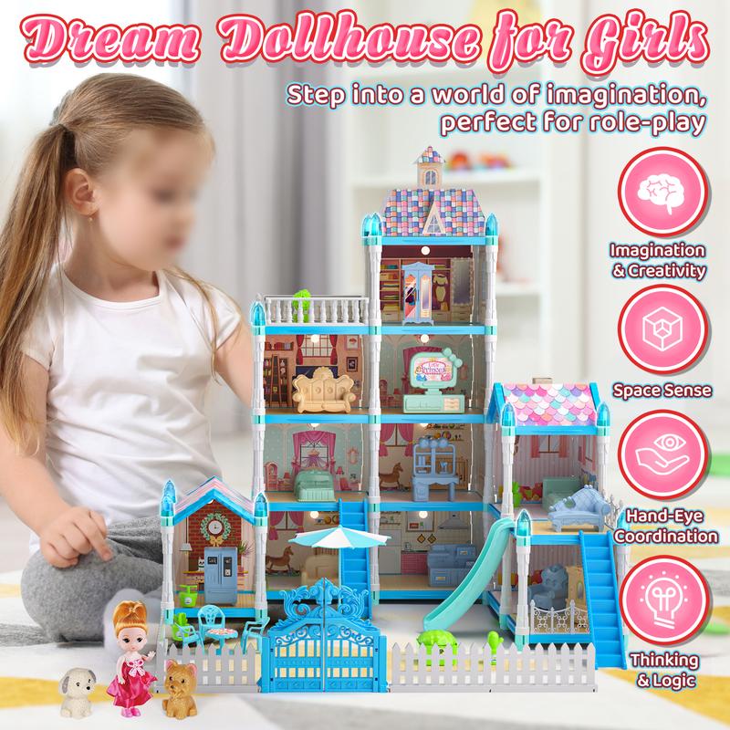 Dollhouse for Girls, 11 Rooms Huge Doll House with LED Lights, Noctilucent, 1 Doll, 2 Dogs, Furnitures, Pretend Play Toys for Girls, Best Birthdays Christmas Gift for Girls