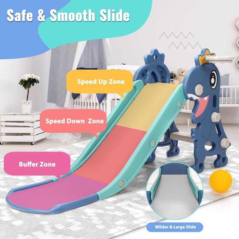 Toddler Slide for Age 1-3 Baby Indoor Outdoor Playset Plastic Foldable Slides for Kids Backyard Climber Set with Stairs Basketball Hoop and Ball for Boys and Girls