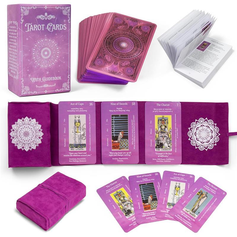 Tarot Cards with Guidebook | with Meanings on Them | Tarot Wrap Pouch with Placements | Purple & Pink Designs | Perfect for Beginners & Experienced Practitioners