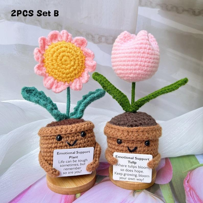 3PCS Emotional Support Gifts-Handmade Crochet Sunflower Daisy Tulip Potted Plants-Mother's Day Gift-Crochet Flower Decor-Encouragement Gifts