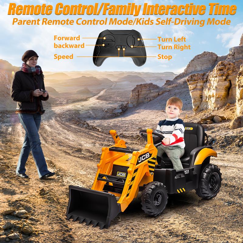 Segmart 12V Kids Ride on Backhoe Digger Toy Cars, JCB Battery Powered Electric Tractor with Remote Control, Ride on Construction Truck w Adjustable Front and Back Loader for 3-6 Boys Girls