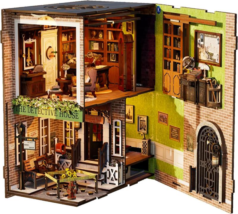 CUTEBEE DIY Book Nook Kit DIY Wooden Miniature House Dollhouse Kit Bookshelf Insert Decor Booknook Bookcase Model Build Creativity Gift Kit Decor Alley with LED Light (Rose Detective Agency)