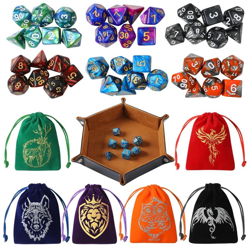 DND Dice Set, 42 Pack polyhedral dice Set with 6 Colorful Animal Pattern Bag and PU Leather Velvet Tray for Dungeons Dragons D&D RPG  Table Games