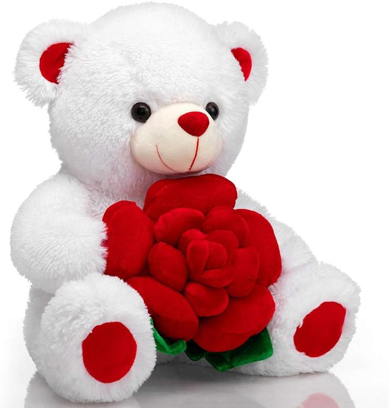 Teddy Bear Stuffed Animals Plush Bear Holding Rose Soft Plush Toy Valentine's Day, 16 Inch, White