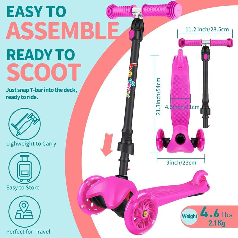 A1 Scooter for Kids Ages 2-6, 3 Wheel Scooter for Toddlers Girls Boys, PU Light-Up Wheels, 4 Adjustable Height, Lean to Steer, Non-Slip Deck, Three Wheel Kick Push Scooter for Children