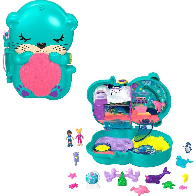 Polly Pocket Compact Playset, Otter Aquarium with 2 Micro Dolls & Accessories, Travel Toys with Surprise Reveals ( Exclusive)