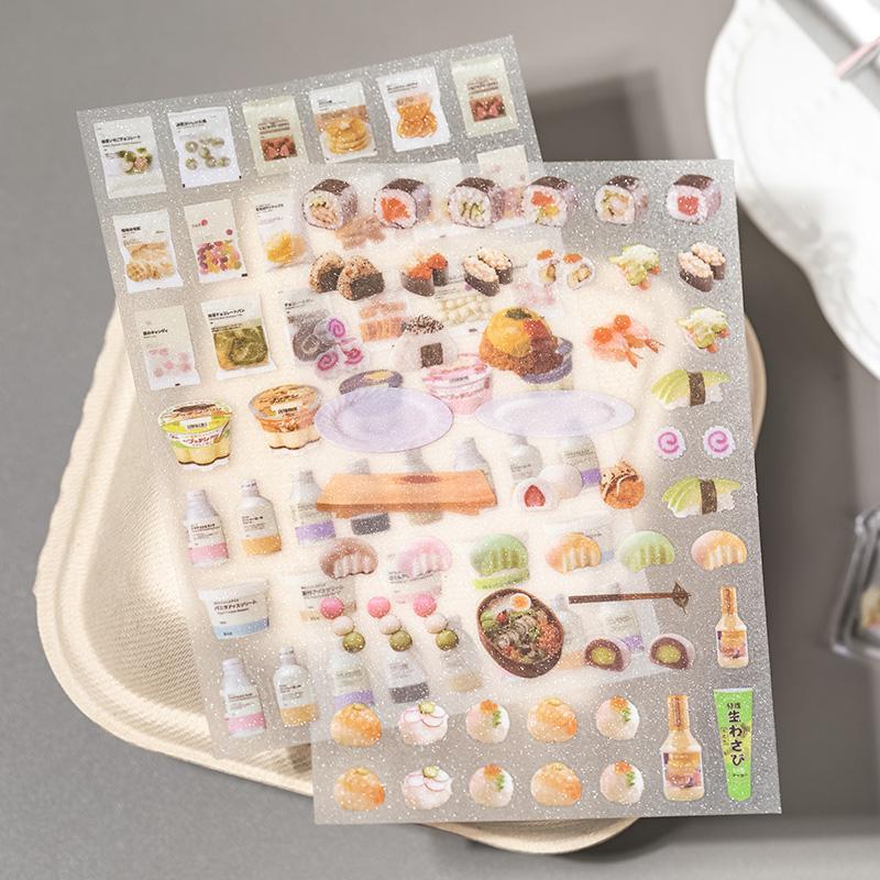 Food & Drink Themed Sticker, 6 Counts set Glitter PET Sticker, DIY Decorative Sticker for Scrapbook & Journal & Diary