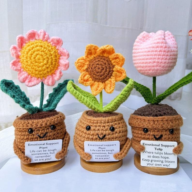 3PCS Emotional Support Gifts-Handmade Crochet Sunflower Daisy Tulip Potted Plants-Mother's Day Gift-Crochet Flower Decor-Encouragement Gifts